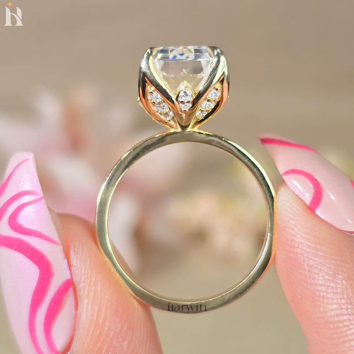 5 CT Emerald Cut Moissanite Hidden Diamond Ring, Vintage Tulip Set Engagement Ring