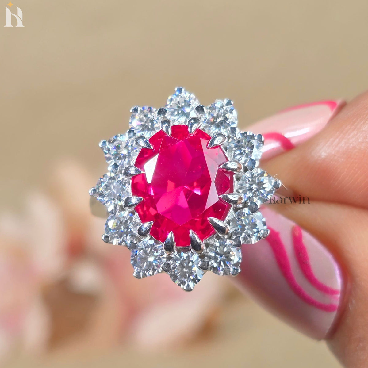5CT Oval Cut Ruby Engagement Ring, Moissanite Halo Ring, 14K Yellow Gold, Anniversary Gift Ring for Her