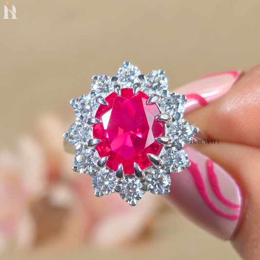 5CT Oval Cut Ruby Engagement Ring, Moissanite Halo Ring, 14K Yellow Gold, Anniversary Gift Ring for Her