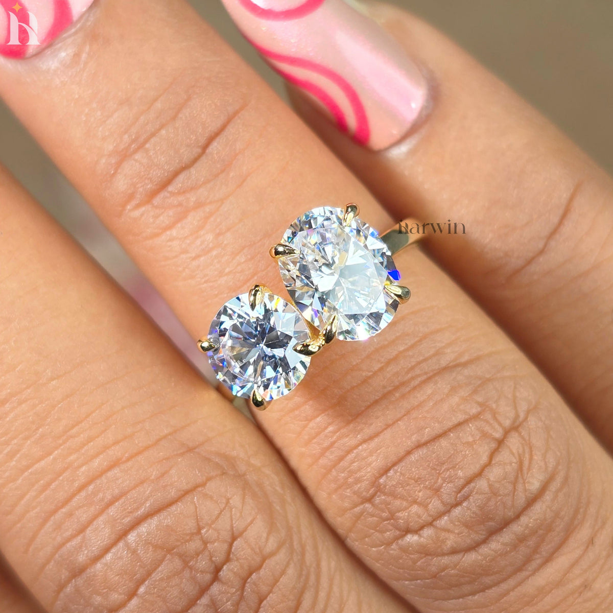 Oval & Round  Moissanite Toi Et Moi Two Stone prong set Engagement Unique Bridal Gift