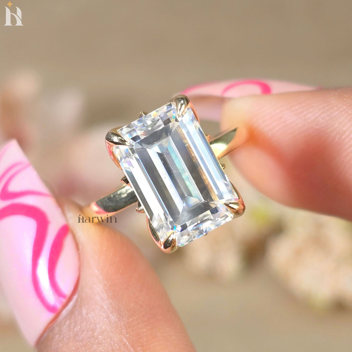 5 CT Emerald Cut Moissanite Hidden Diamond Ring, Vintage Tulip Set Engagement Ring