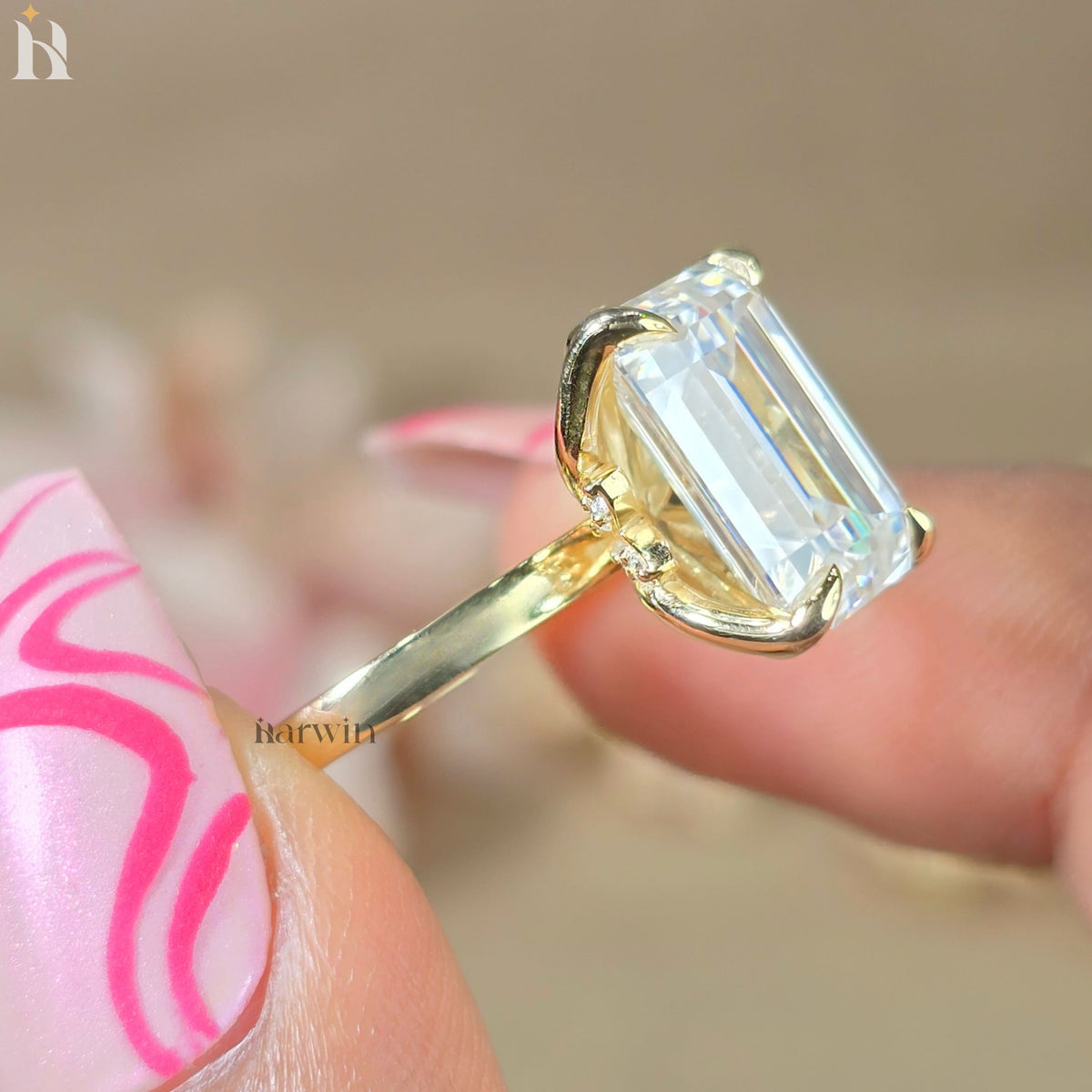 5 CT Emerald Cut Moissanite Hidden Diamond Ring, Vintage Tulip Set Engagement Ring