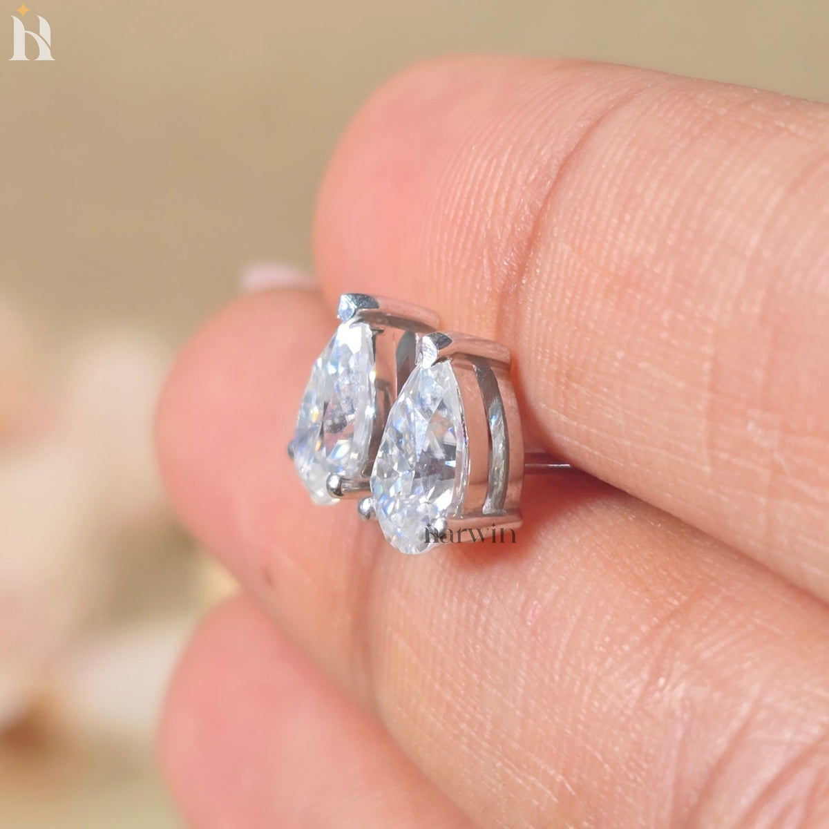 Pear Cut Moissanite Diamond Prong Setting Stud Earrings, Push Back Solitaire Earrings