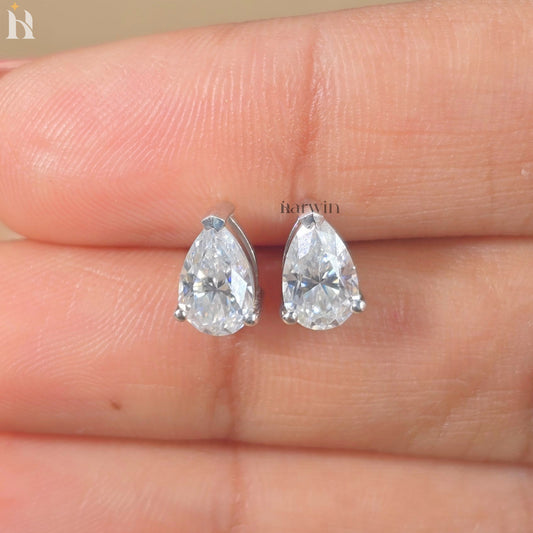 Pear Cut Moissanite Diamond Prong Setting Stud Earrings, Push Back Solitaire Earrings