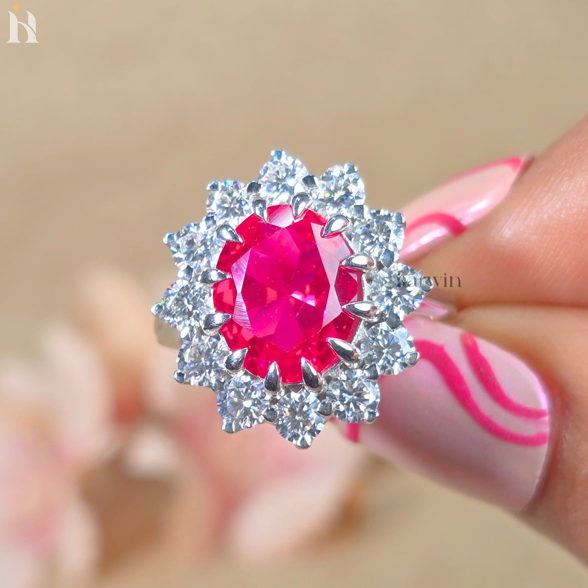 5CT Oval Cut Ruby Engagement Ring, Moissanite Halo Ring, 14K Yellow Gold, Anniversary Gift Ring for Her