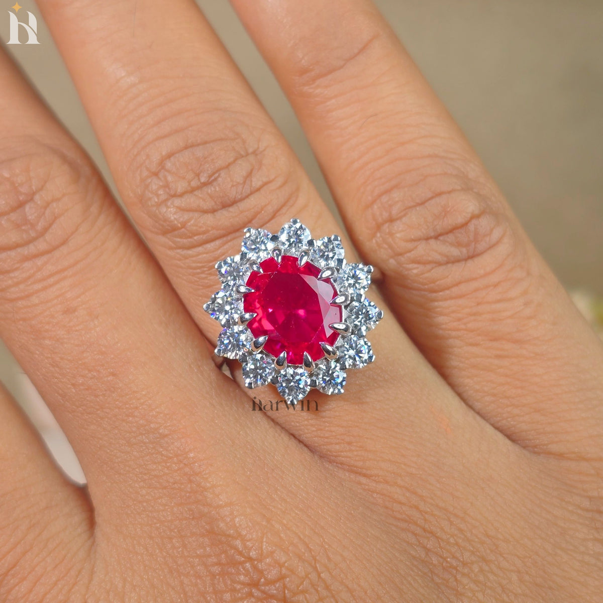 5CT Oval Cut Ruby Engagement Ring, Moissanite Halo Ring, 14K Yellow Gold, Anniversary Gift Ring for Her