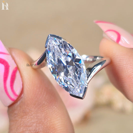 4CT Marquise Cut Moissanite Half Bezel Set Engagement Ring, Bypass Wedding Ring