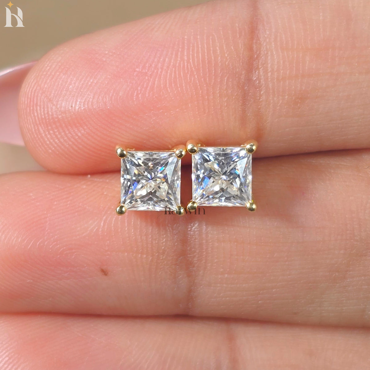 2TCW Princess Cut Moissanite Diamond Prong Setting Stud Earrings, Push Back Solitaire Earrings