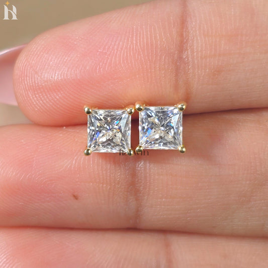 2TCW Princess Cut Moissanite Diamond Prong Setting Stud Earrings, Push Back Solitaire Earrings