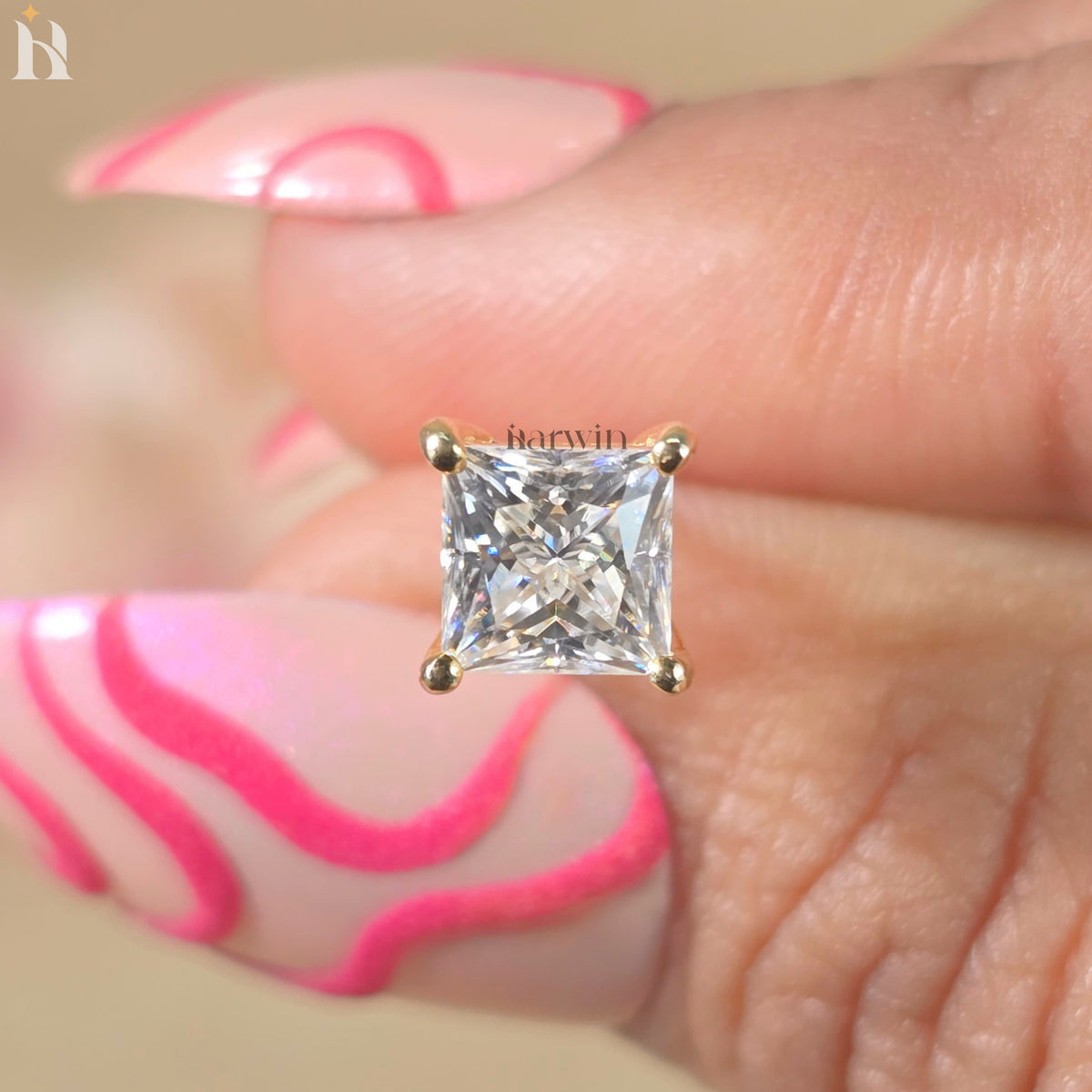 2TCW Princess Cut Moissanite Diamond Prong Setting Stud Earrings, Push Back Solitaire Earrings