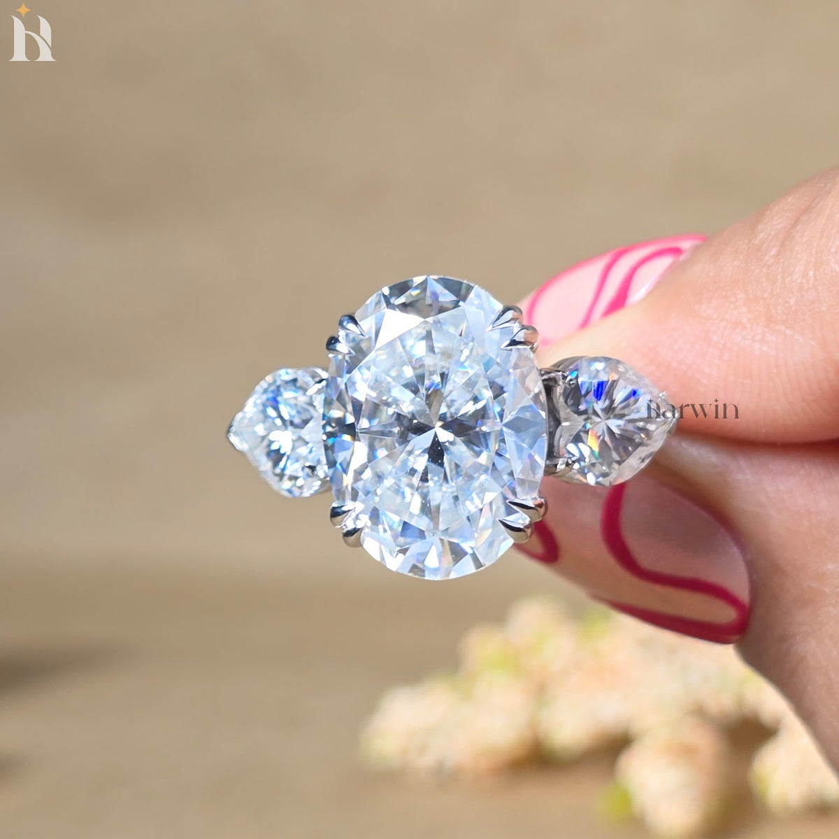10CT Oval Cut Moissanite Engagement Ring with Heart Side Stones