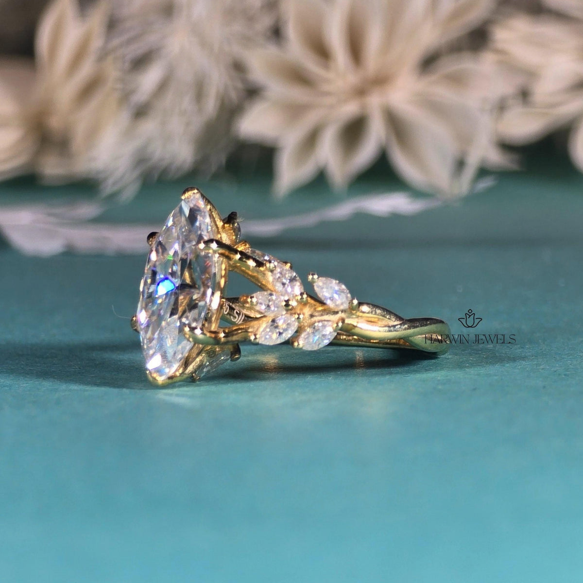 3 CT Marquise Cut Moissanite Engagement Ring Side Stone Solid Gold Ring