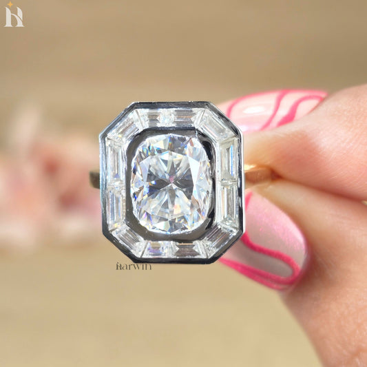 2.50CT Elongated Cushion Lab Grown Diamond Engagement Ring, Baguette Bezel Set 14K  White Gold