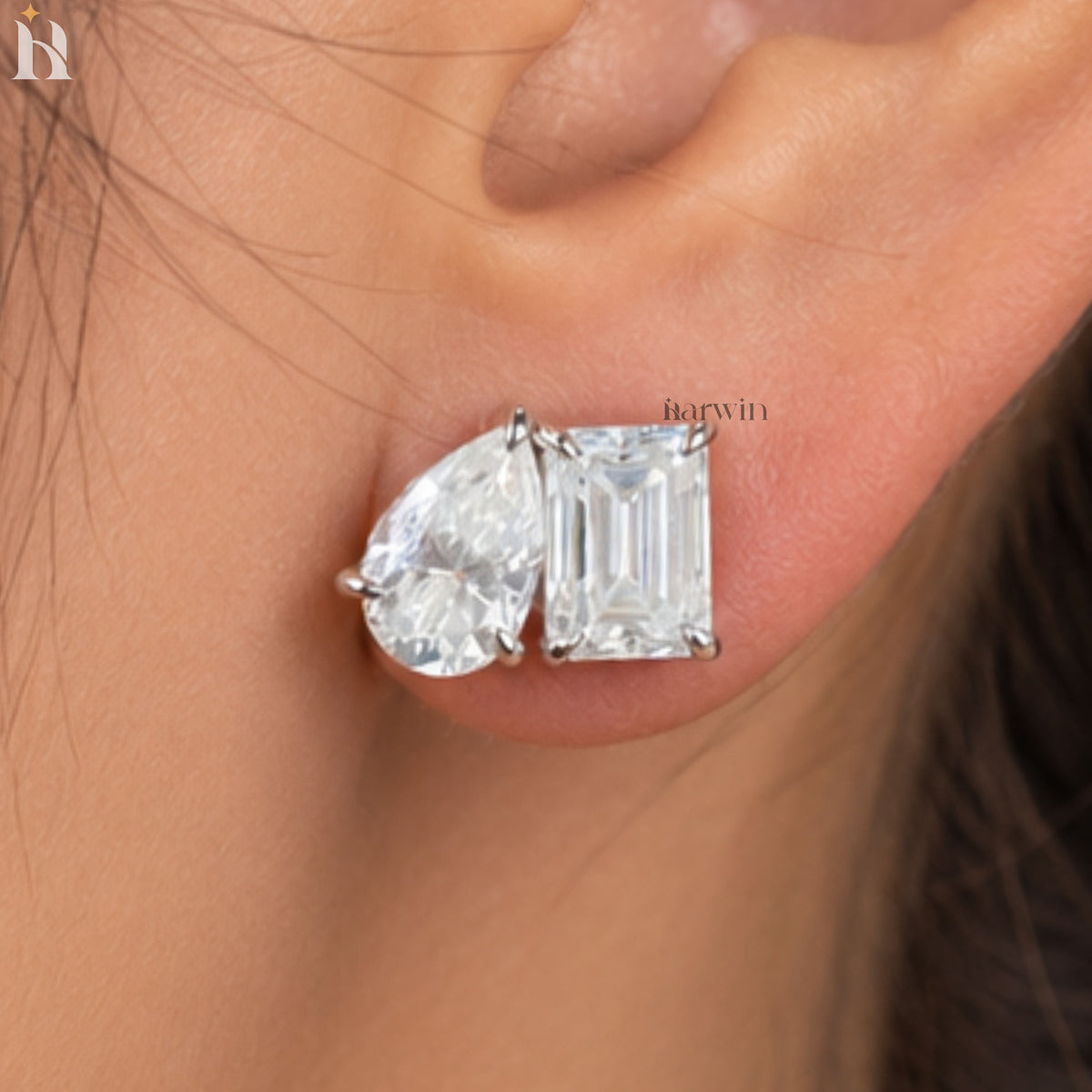 Emerald & Pear Cut Toi et Moi Stud Earrings, Screw Back Minimalist Two Stone Earrings