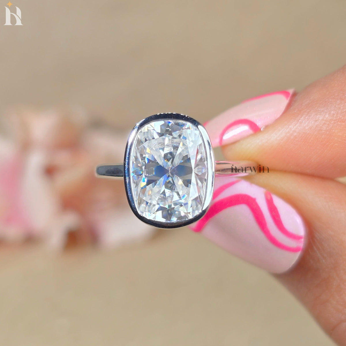 5CT Elongated Cushion Cut Moissanite Proposal Ring, 10K Solid White Gold Bezel Set Ring