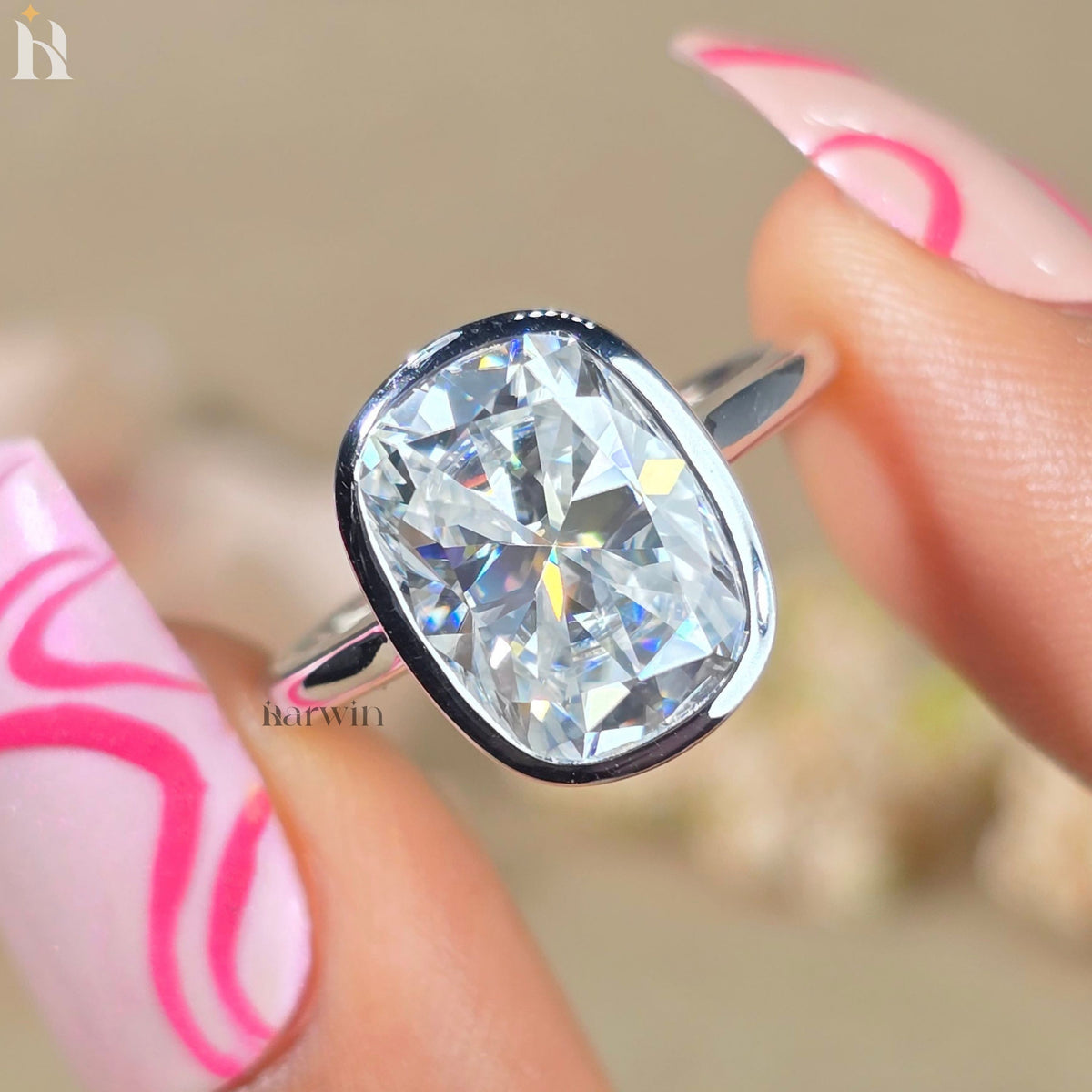 5CT Elongated Cushion Cut Moissanite Proposal Ring, 10K Solid White Gold Bezel Set Ring