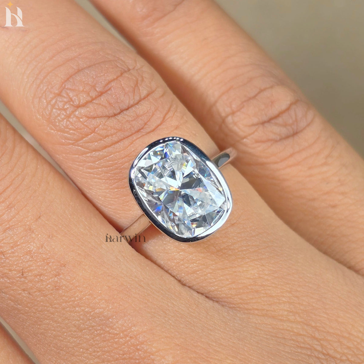 5CT Elongated Cushion Cut Moissanite Proposal Ring, 10K Solid White Gold Bezel Set Ring