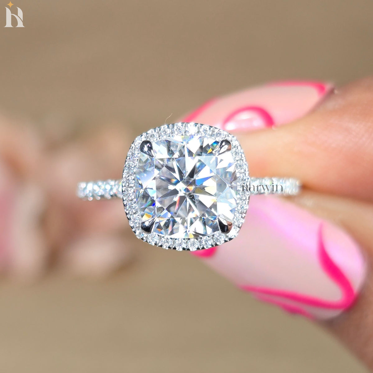 3CT Cushion Cut Moissanite Wedding Ring, Full Halo & Half Pave Band, Sparkling Ring