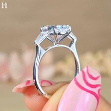 3 CT Oval Cut Moissanite Ring, Tapered Baguette Three Stone White Gold Ring
