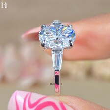 3 CT Oval Cut Moissanite Ring, Tapered Baguette Three Stone White Gold Ring