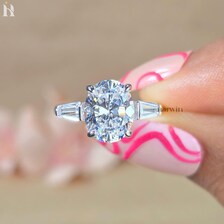 3 CT Oval Cut Moissanite Ring, Tapered Baguette Three Stone White Gold Ring