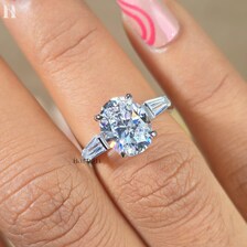 3 CT Oval Cut Moissanite Ring, Tapered Baguette Three Stone White Gold Ring