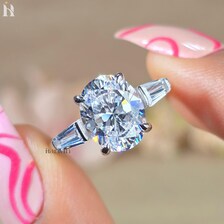 3 CT Oval Cut Moissanite Ring, Tapered Baguette Three Stone White Gold Ring