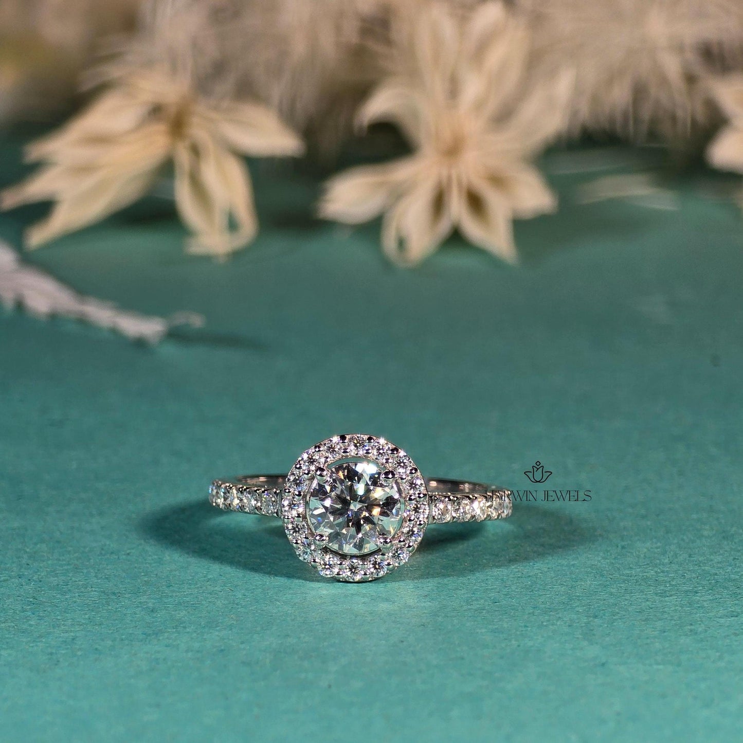 Round Brilliant Cut Lab Grown Diamond Ring, Halo Engagement Ring, 0.75CT to 1.25CT Anniversary Ring, Pave Wedding Ring, 14k White Gold