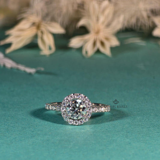 Round Brilliant Cut Lab Grown Diamond Ring, Halo Engagement Ring, 0.75CT to 1.25CT Anniversary Ring, Pave Wedding Ring, 14k White Gold