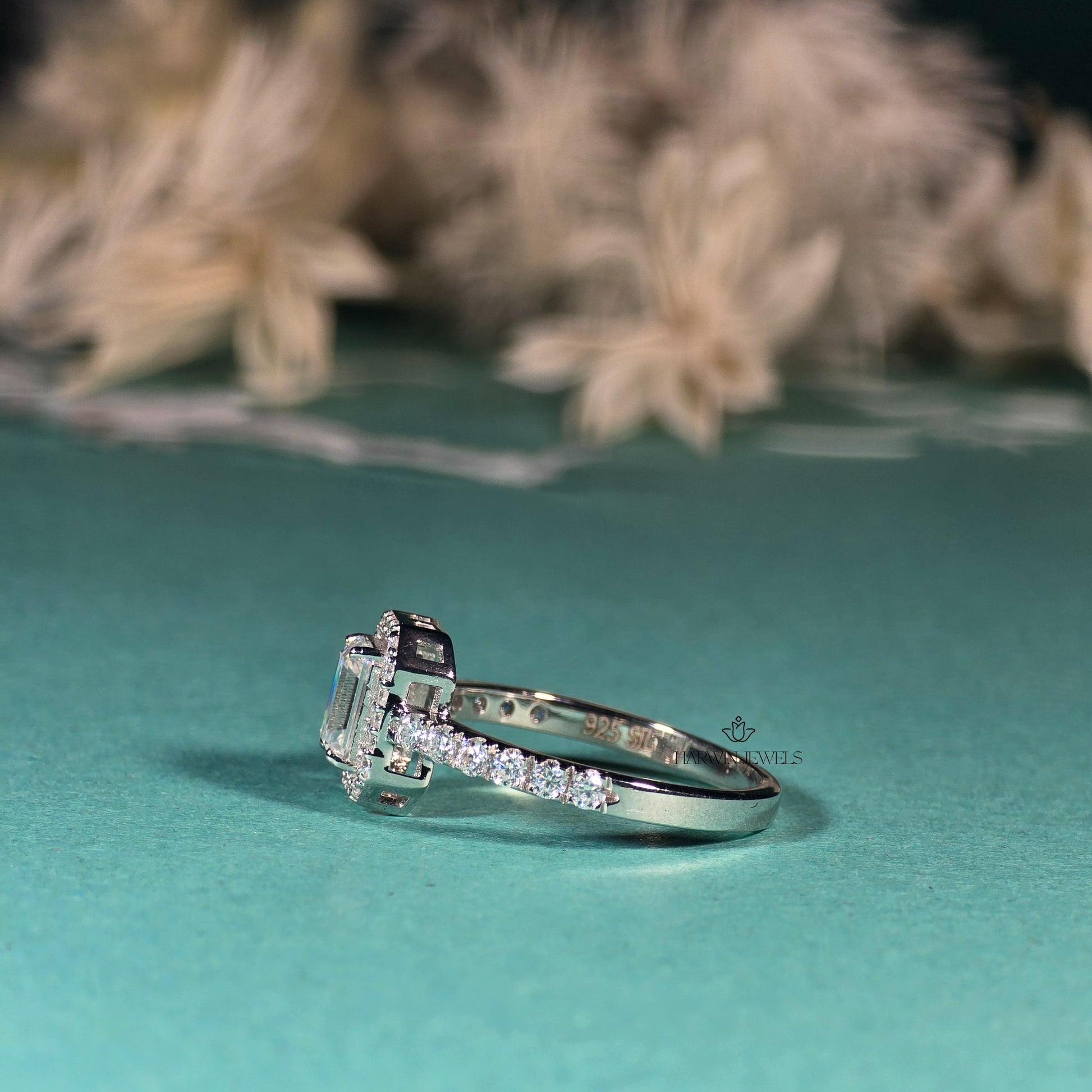 Emerald Cut Halo Ring, 0.50 CT to 1.00 CT Lab Grown Diamond Engagement Ring, Wedding Ring For Her, 14k white gold ring, Emerald pave band