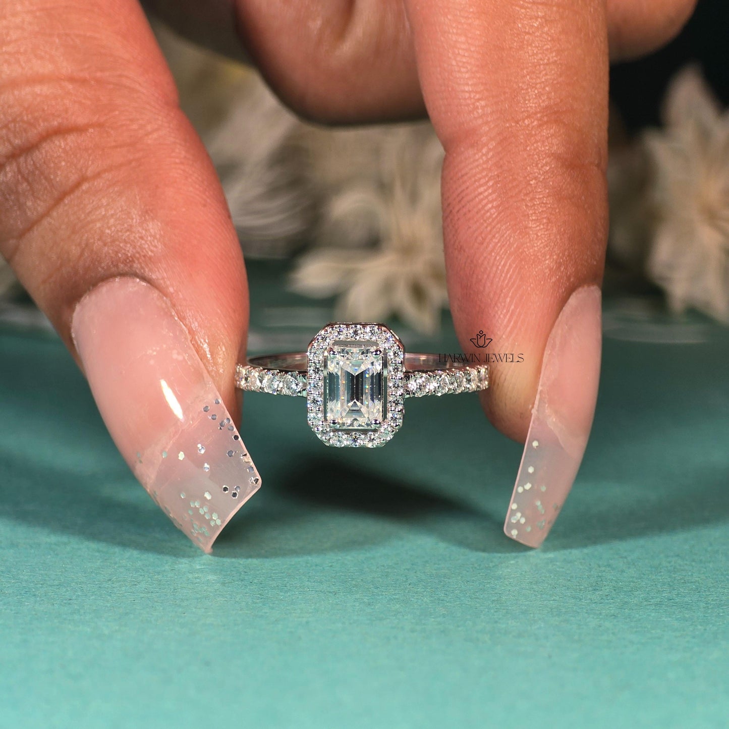 Emerald Cut Halo Ring, 0.50 CT to 1.00 CT Lab Grown Diamond Engagement Ring, Wedding Ring For Her, 14k white gold ring, Emerald pave band