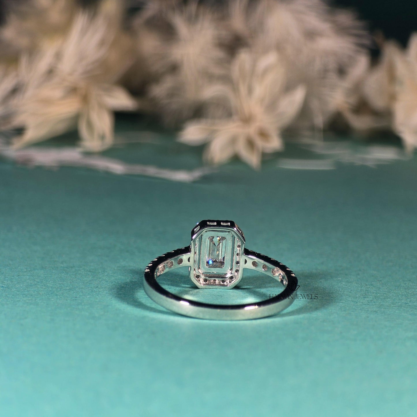 Emerald Cut Halo Ring, 0.50 CT to 1.00 CT Lab Grown Diamond Engagement Ring, Wedding Ring For Her, 14k white gold ring, Emerald pave band