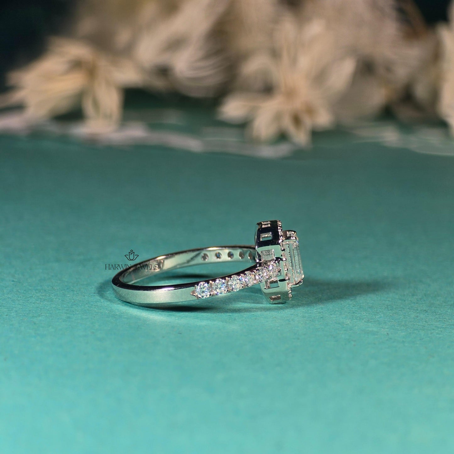 Emerald Cut Halo Ring, 0.50 CT to 1.00 CT Lab Grown Diamond Engagement Ring, Wedding Ring For Her, 14k white gold ring, Emerald pave band