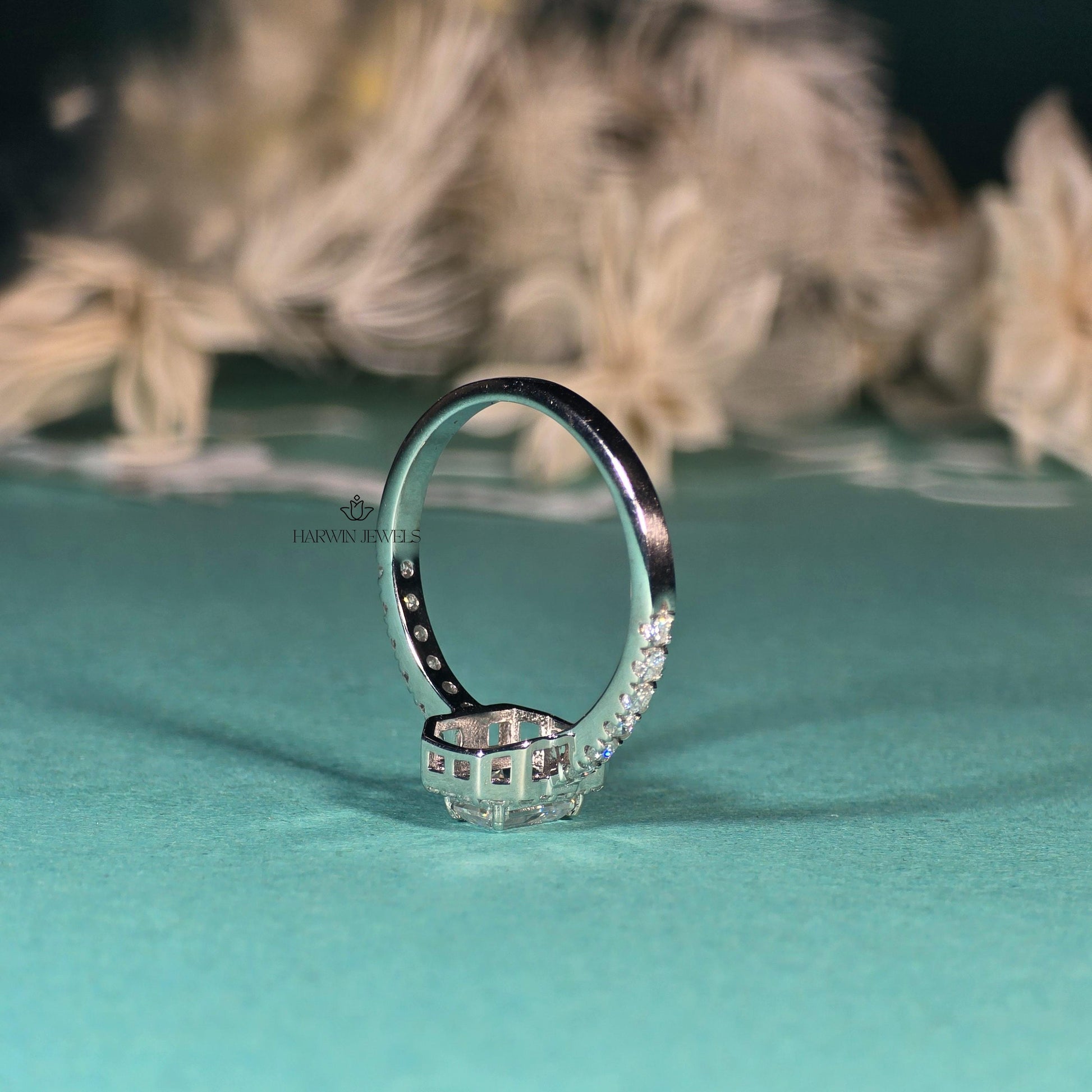 Emerald Cut Halo Ring, 0.50 CT to 1.00 CT Lab Grown Diamond Engagement Ring, Wedding Ring For Her, 14k white gold ring, Emerald pave band