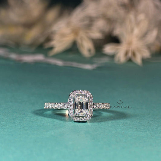 Emerald Cut Halo Ring, 0.50 CT to 1.00 CT Lab Grown Diamond Engagement Ring, Wedding Ring For Her, 14k white gold ring, Emerald pave band