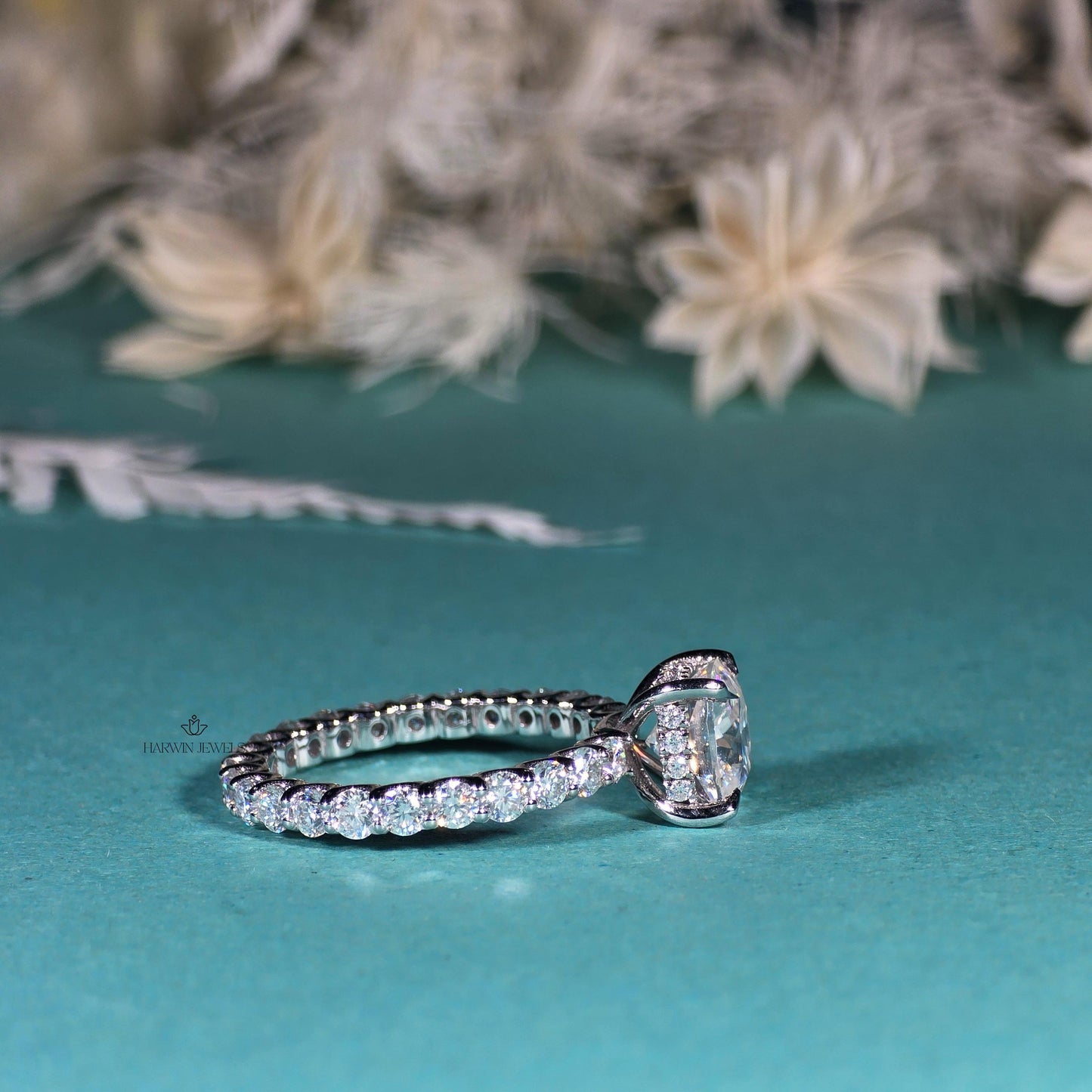 Cushion Cut Moissanite Pave Full Eternity Hidden Halo Engagement Ring Set in 18k White Gold, Pave Solitaire Ring , Proposal Ring, Gifts