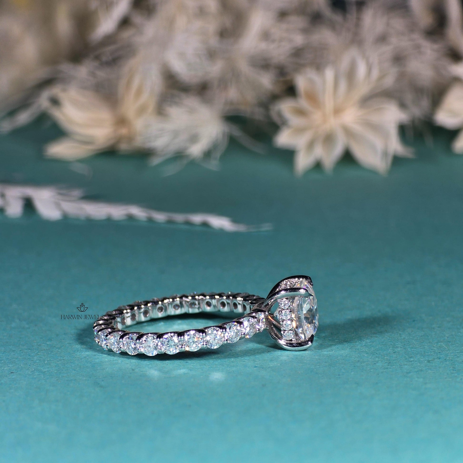 Cushion Cut Moissanite Pave Full Eternity Hidden Halo Engagement Ring Set in 18k White Gold, Pave Solitaire Ring , Proposal Ring, Gifts
