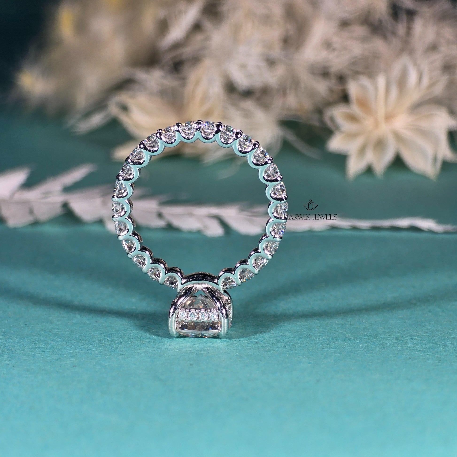 Cushion Cut Moissanite Pave Full Eternity Hidden Halo Engagement Ring Set in 18k White Gold, Pave Solitaire Ring , Proposal Ring, Gifts