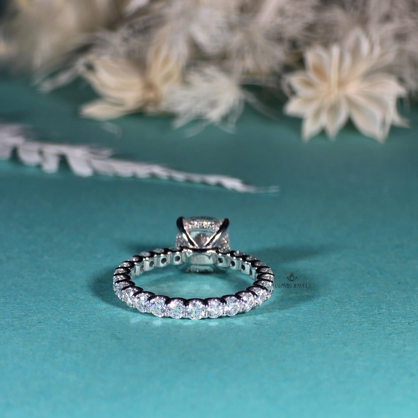Cushion Cut Moissanite Pave Full Eternity Hidden Halo Engagement Ring Set in 18k White Gold, Pave Solitaire Ring , Proposal Ring, Gifts