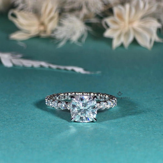 Cushion Cut Moissanite Pave Full Eternity Hidden Halo Engagement Ring Set in 18k White Gold, Pave Solitaire Ring , Proposal Ring, Gifts