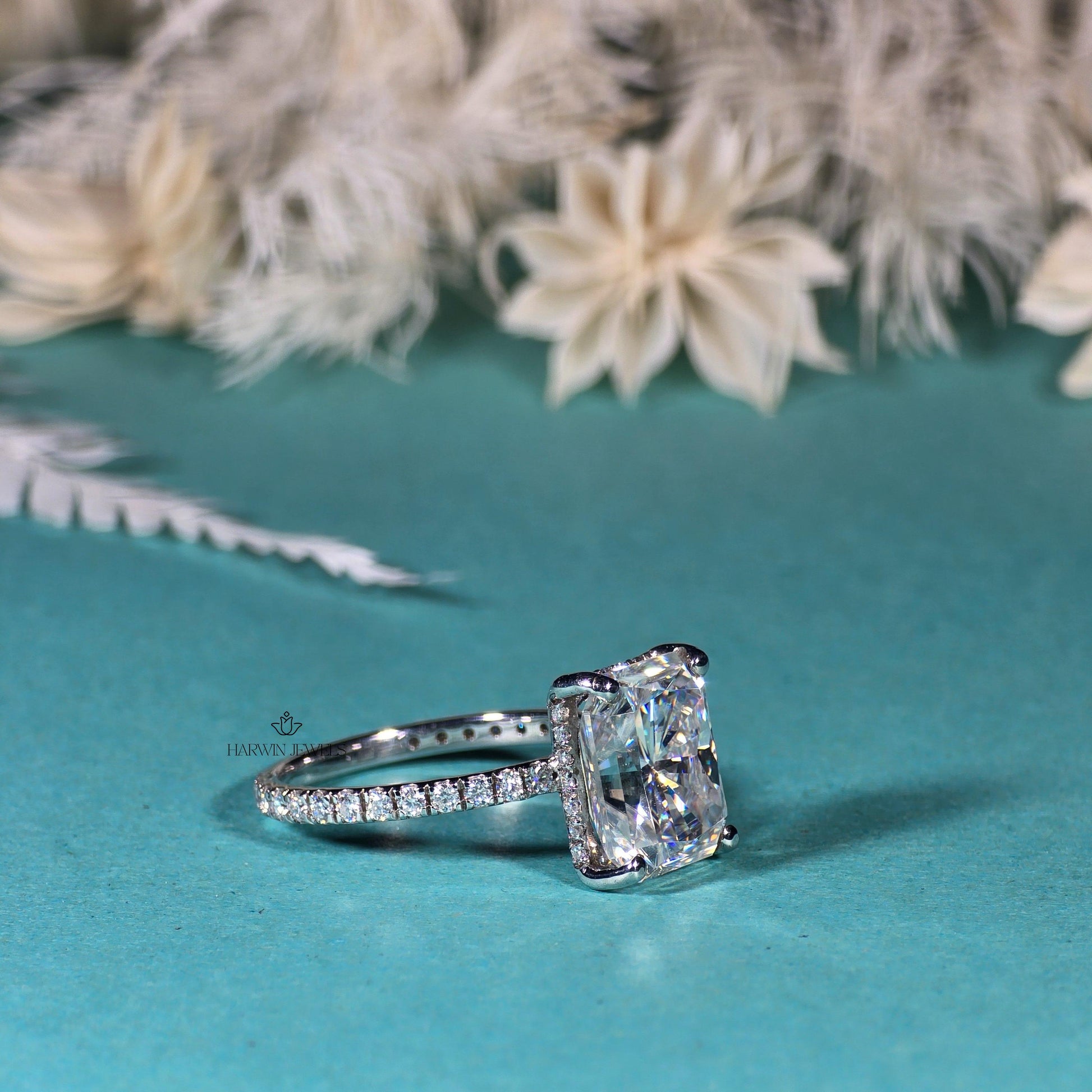 18K Solid White Gold Hidden Halo Engagement Ring, 2.00 CT Radiant Cut Moissanite Wedding Ring, Pave Set Solitaire Anniversary Gift For Wife