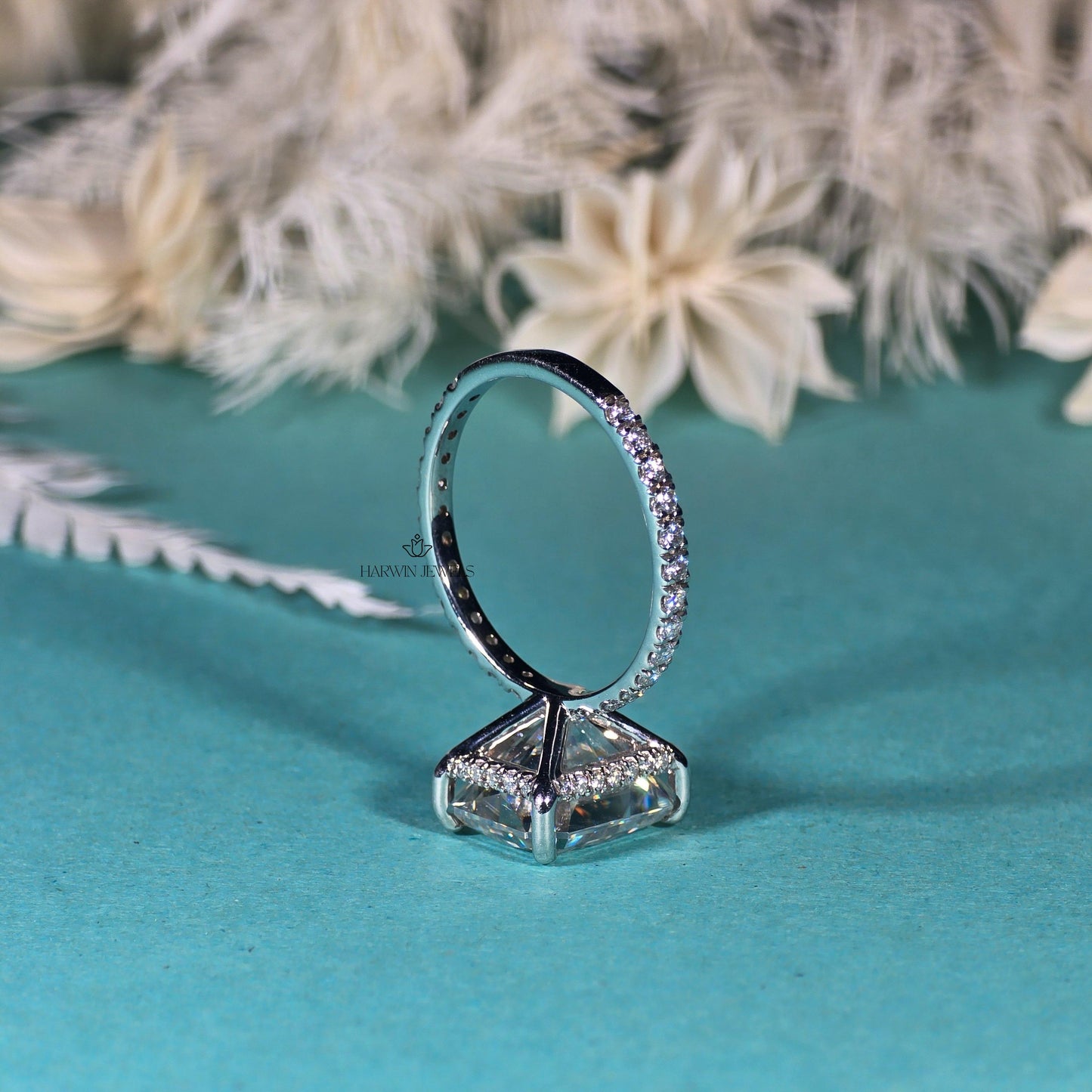 18K Solid White Gold Hidden Halo Engagement Ring, 2.00 CT Radiant Cut Moissanite Wedding Ring, Pave Set Solitaire Anniversary Gift For Wife