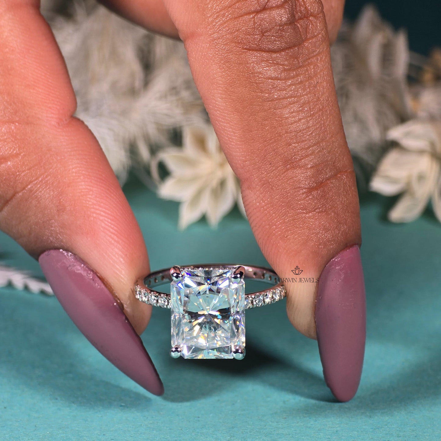 18K Solid White Gold Hidden Halo Engagement Ring, 2.00 CT Radiant Cut Moissanite Wedding Ring, Pave Set Solitaire Anniversary Gift For Wife