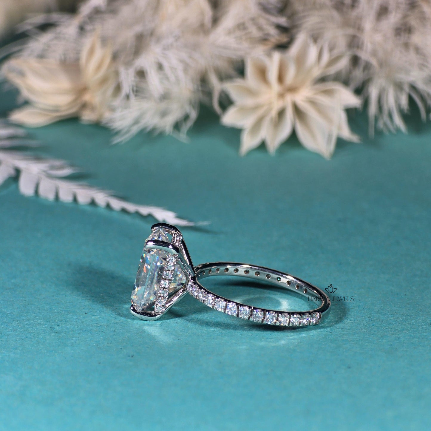 18K Solid White Gold Hidden Halo Engagement Ring, 2.00 CT Radiant Cut Moissanite Wedding Ring, Pave Set Solitaire Anniversary Gift For Wife