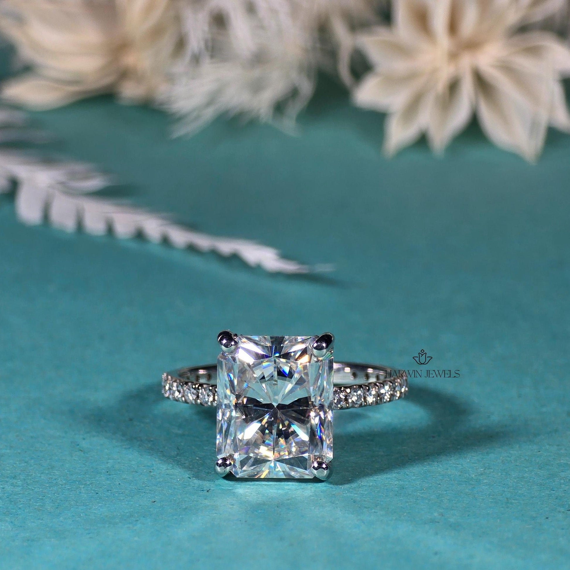 18K Solid White Gold Hidden Halo Engagement Ring, 2.00 CT Radiant Cut Moissanite Wedding Ring, Pave Set Solitaire Anniversary Gift For Wife