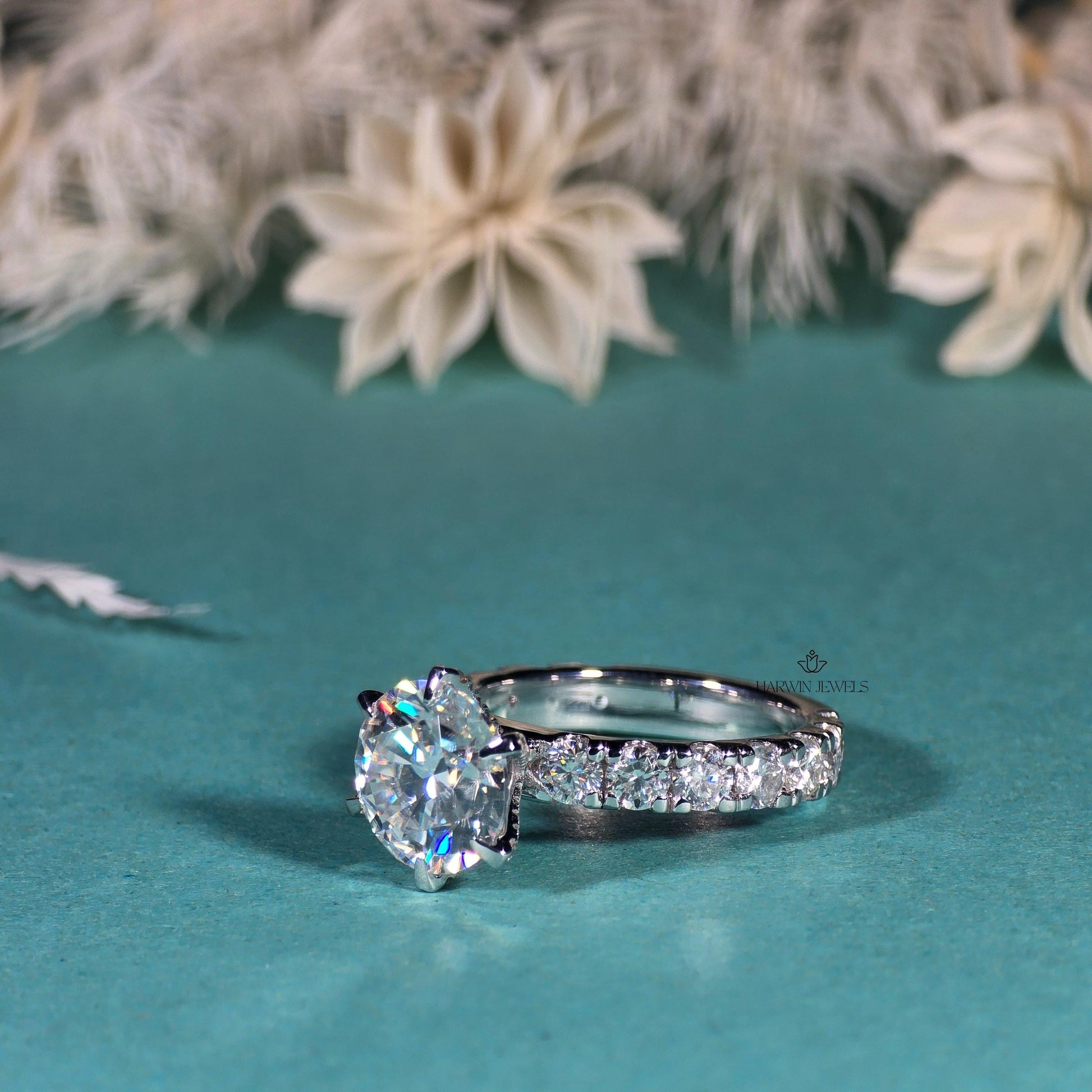 Round Cut Pave Set Engagement Ring,14k White Gold Proposal Ring,1.50 Carat Moissanite Ring,14kWhite Gold ,Hidden Halo,6 Prong Solitaire Ring