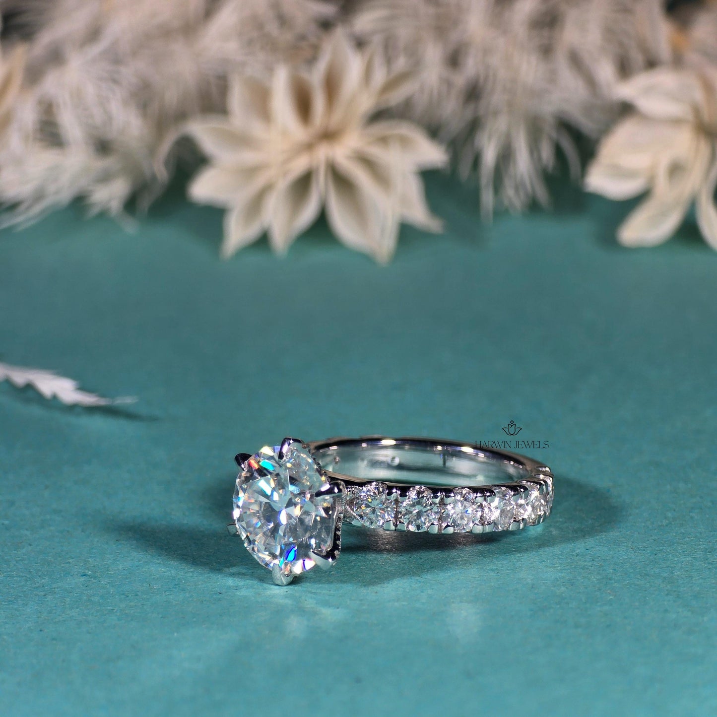 Round Cut Pave Set Engagement Ring,14k White Gold Proposal Ring,1.50 Carat Moissanite Ring,14kWhite Gold ,Hidden Halo,6 Prong Solitaire Ring