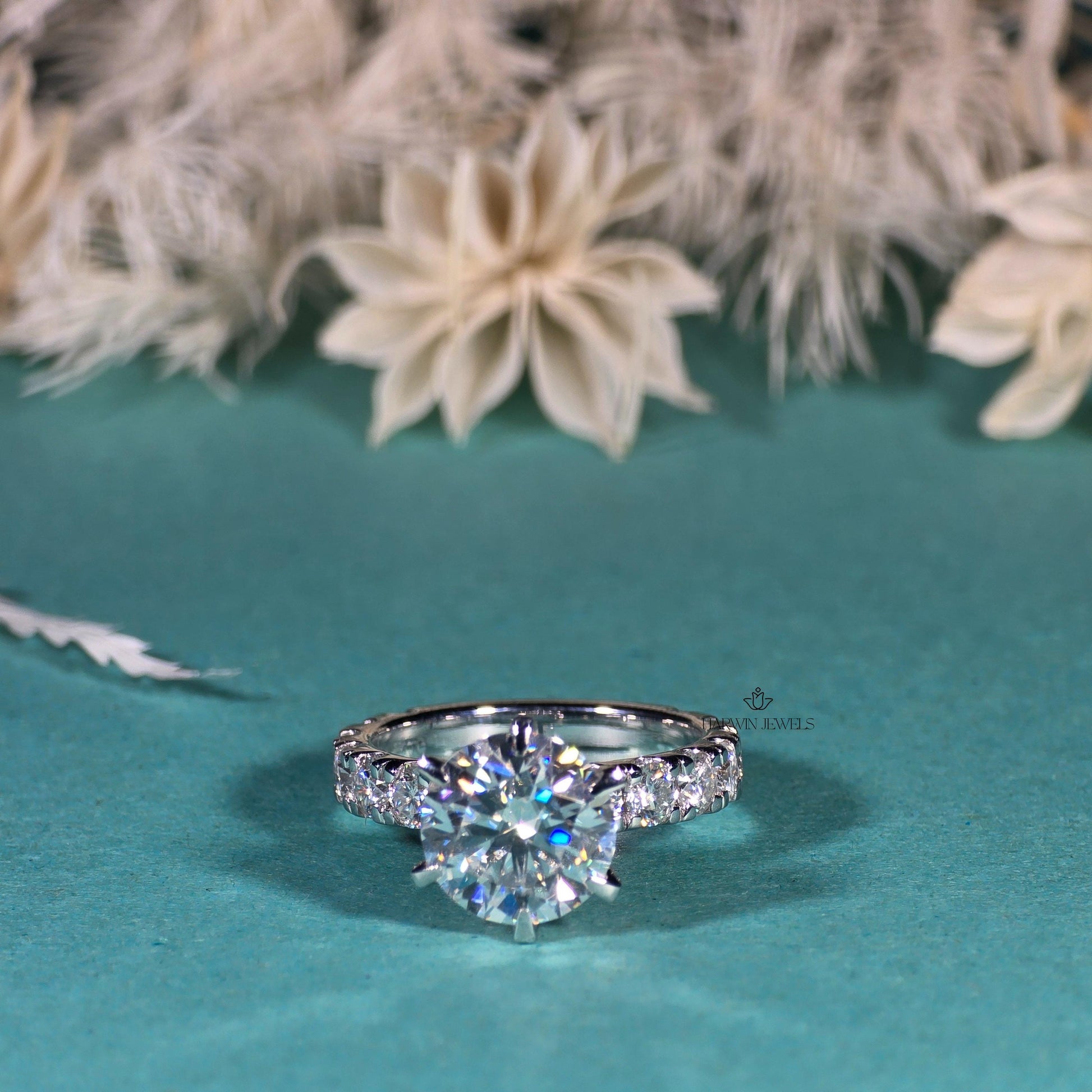 Round Cut Pave Set Engagement Ring,14k White Gold Proposal Ring,1.50 Carat Moissanite Ring,14kWhite Gold ,Hidden Halo,6 Prong Solitaire Ring