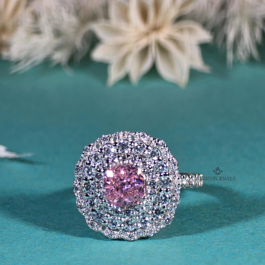 Pink Cushion cut 0.75ct Moissanite Engagement Ring, Anniversary Promise Statement Bridal Ring Gift Her ,14k White Gold Cluster Ring, gifts