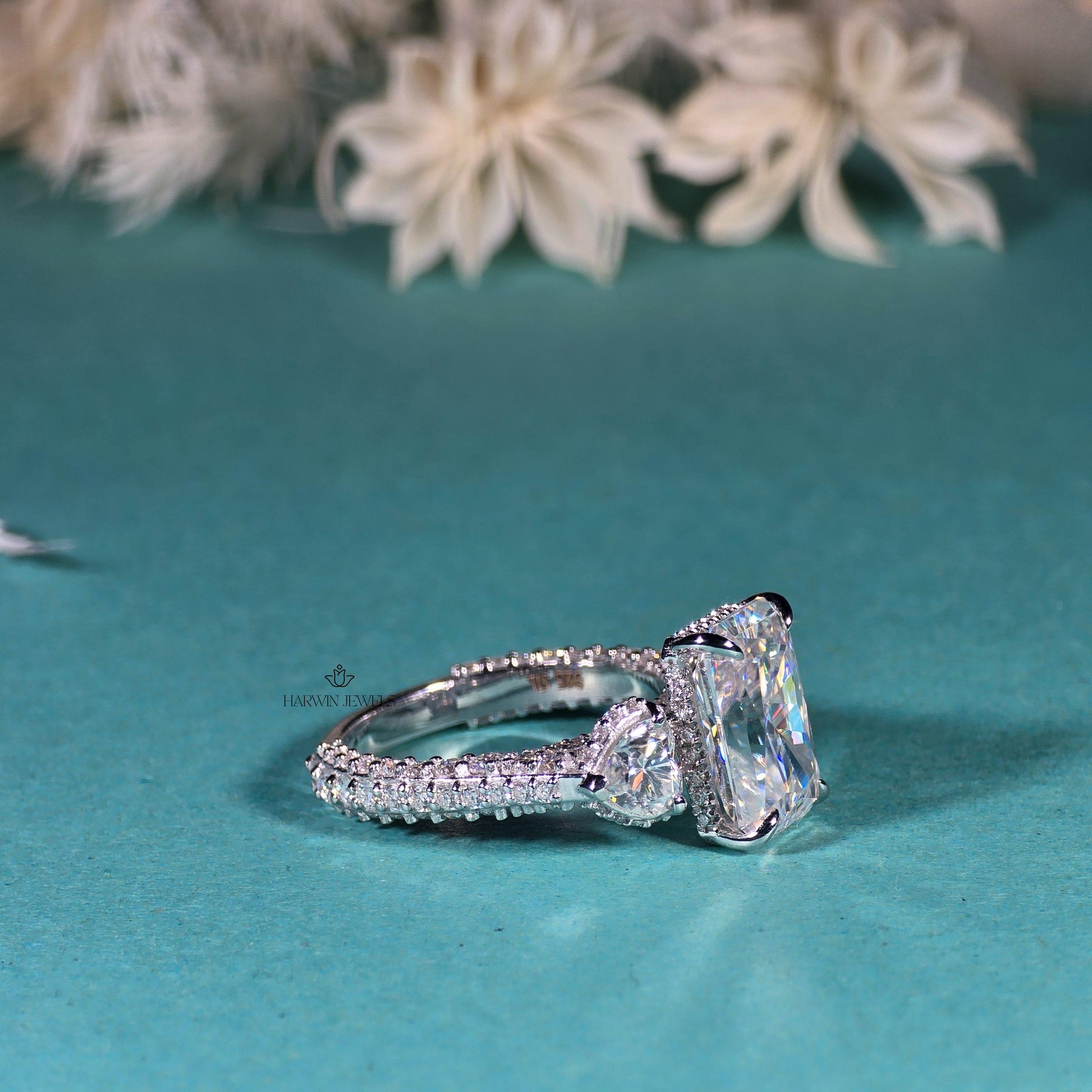 Radiant Cut Moissanite Engagement Ring, Side Stone Heart Cut Ring,Elongated Radiant,Three Stone Ring ,4.80 CT Pave Set Proposal Wedding Ring